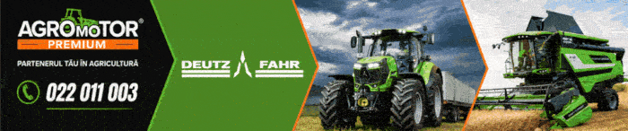 Banner advertising AgroMotor Premium and Deutz-Fahr tractors and harvesting machinery.