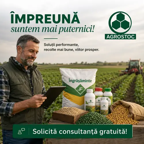 Man in a rural field using a tablet beside agricultural products and fertilizer bags with the Agrostoc logo; banner reads 'Împreună suntem mai puternic i' and 'Solicită consultație gratuită'—advertising farm solutions.