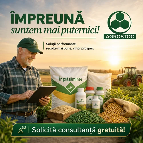 Farmer using a tablet beside Agrostoc fertilizer sacks and bottles in a field, with a tractor in the background and a banner offering 'Solicită consultanță gratuită!'