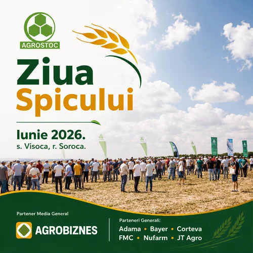 Poster for Ziua Spicului 2026 with a wheat graphic, a large crowd on a sunlit field, and partner logos at the bottom.