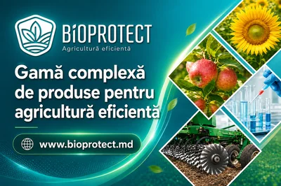 BioProtect banner for efficient agriculture; Romanian slogan, logo, website, and collage showing sunflower, apples, lab equipment, and a tractor.