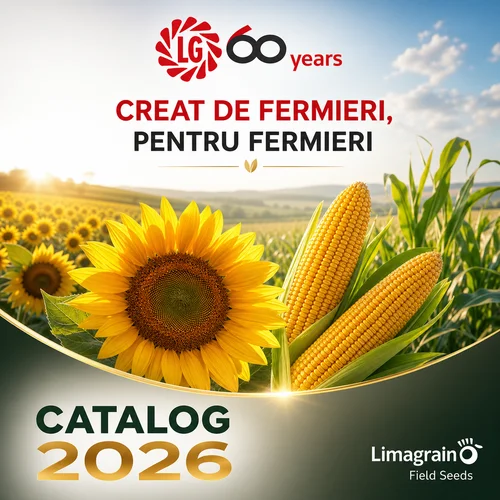 Limagrain Field Seeds Catalog 2026 cover featuring sunflowers and corn, with the Romanian slogan 'Creat de fermieri, pentru fermieri' and a 60-year mark.