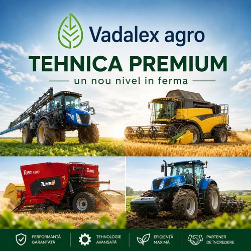Vadalez Agro Tehnica Premium banner with logo, slogan, and multiple farming machines in sunlit fields.