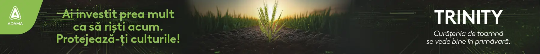 Banner promoting crop protection: a sprout emerging from soil at sunrise with Romanian slogans and logos on left and right.