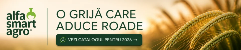 Alfa Smart Agro banner with the slogan 'O grijă care aduce roade' and a green 'Vezi catalogul pentru 2026' button over a wheat field background.