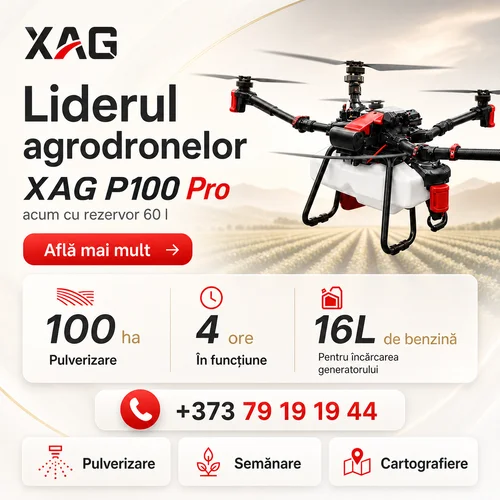 Promotional banner for XAG Liderul agrodronelor P100 Pro agricultural drone with field backdrop and specs: 100 ha Pulverizer, 4 hours, 16 L fuel, and contact number +373 79 19 19 44.