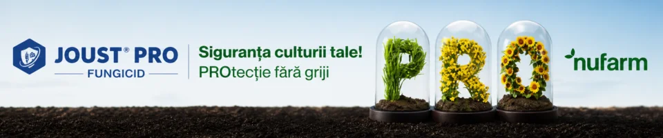 Banner advertising JOUST PRO Fungicid by Nufarm, featuring green plant-formed 'PRO' under glass domes and Romanian slogan about safe, worry-free crop protection.