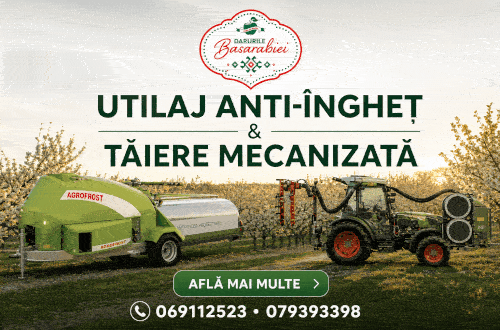 Promotional banner for anti-icing equipment and mechanized cutting, showing a green AgroFrost unit attached to a trailer and a tractor in a field.