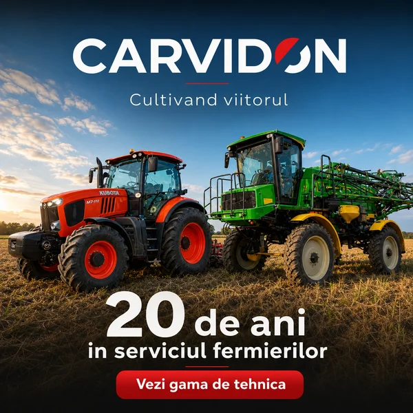 Two farm tractors parked in a field under a blue sky, with Romanian text celebrating '20 de ani în serviciul fermierilor' and a red 'Vezi gama de tehnica' button in the foreground.