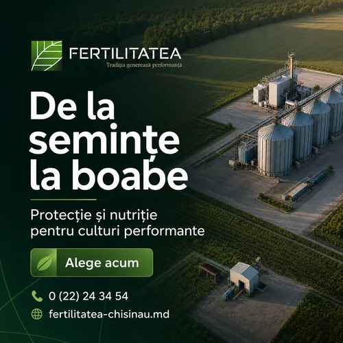 Promotional banner for Fertilitatea with an aerial view of grain silos beside fields, slogan 'De la seminte la boabe' and a green 'Alege acum' button.