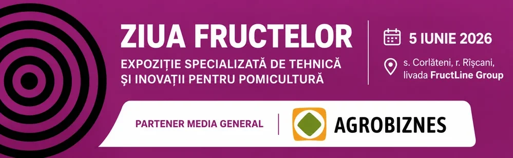 Promotional banner for Ziua Fructelor—a horticulture tech and innovation expo on June 5, 2026, in Corlăteni, Rîșcani, with FructLine Group and AGROBIZNES partner logo.