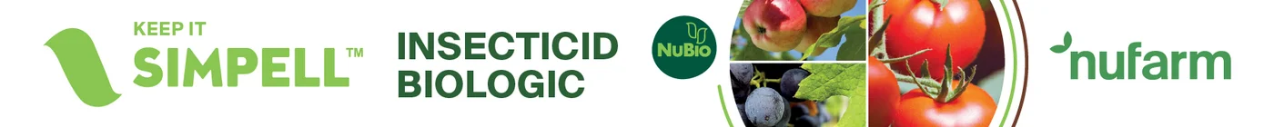 Brand banner displaying SIMPEL insecticid biologic logos with a fruit collage background (NuBio and Nufarm).