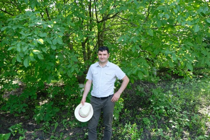 Man stands outdoors in front of a leafy green tree, holding a white hat in his left hand and wearing a light shirt and dark pants.