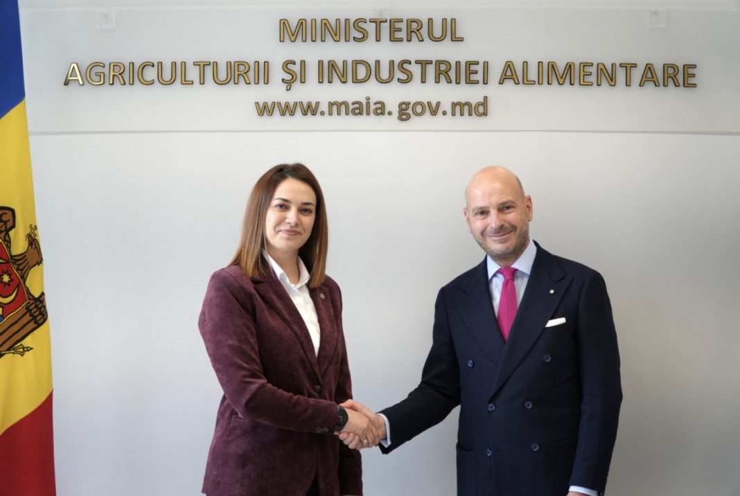 Two professionals in formal attire shake hands in front of a government ministry sign, with the Moldovan flag visible on the left side.