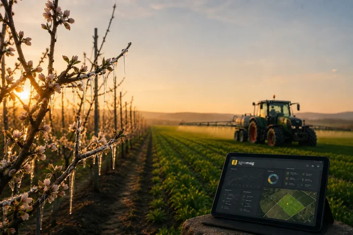 Sunset in an orchard with budding branches and icicles; a tractor sprays the field behind a tablet showing Agromag analytics.