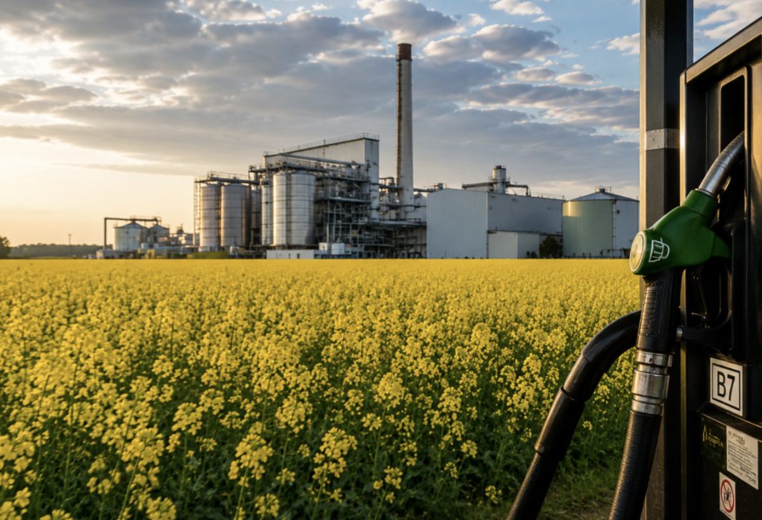 Canola field in bloom with an industrial refinery in the distance and a green gas pump nozzle in the foreground on the right side.