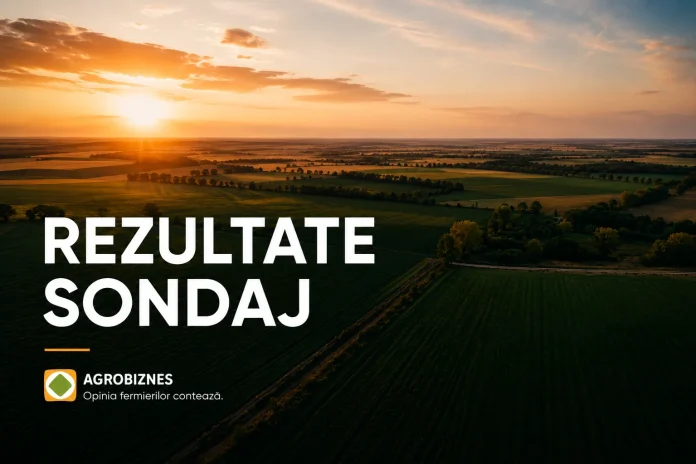 Sunset over green farmland with bold title 'REZULTATE SONDAJ' and AGROBIZNES logo, a cover image for poll results article.