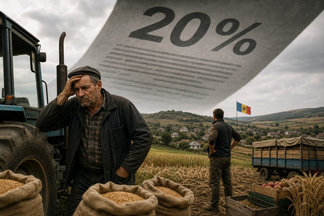 Fermier îngrijorat lângă saci cu cereale, cu un „20%” uriaș deasupra, într-un câmp agricol din Moldova