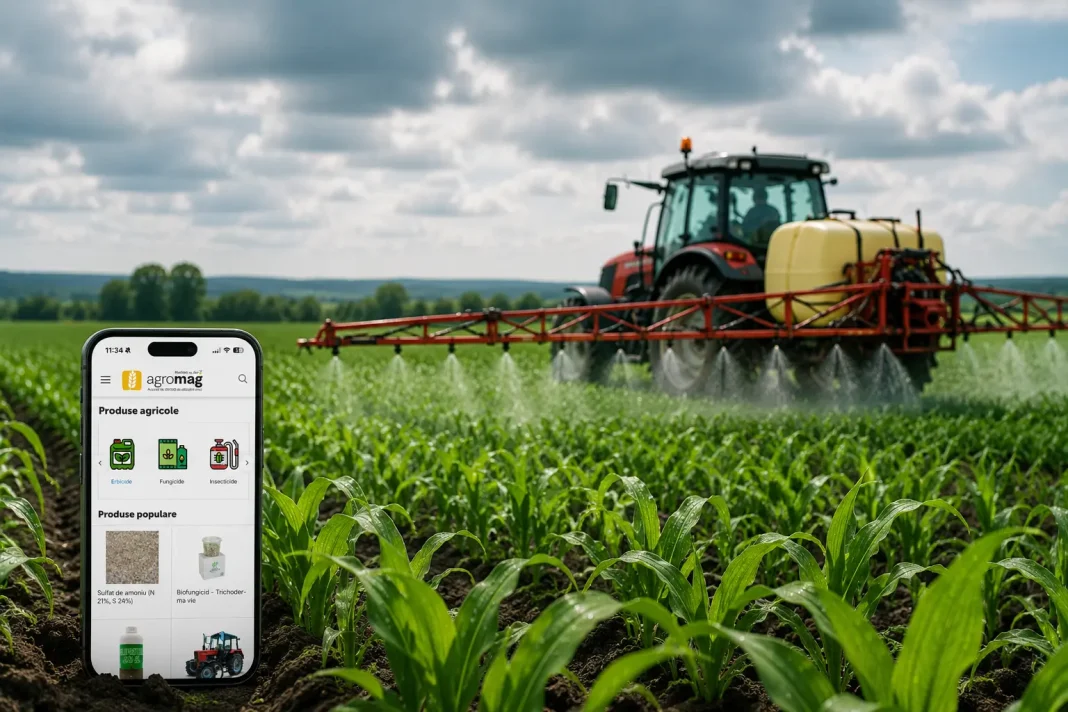 Tractor spraying a crop field with a yellow tank; a smartphone in the foreground shows an agricultural app interface.
