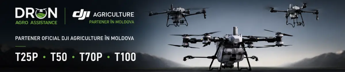 Banner showing DJI Agriculture drones for Moldova with models T25P, T50, T70P, T100 for agro support (Dron logo on left). Idea: official partner banner for Moldova agriculture drones.