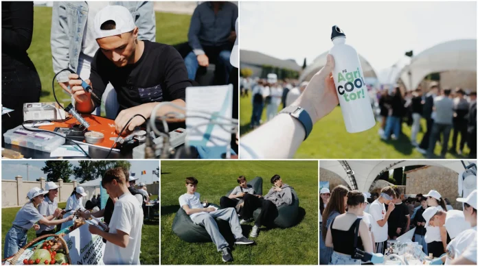 Outdoor tech/demo event collage: left panel shows a person soldering electronics at a workbench; right panel shows a hand holding a white bottle amid a crowd.