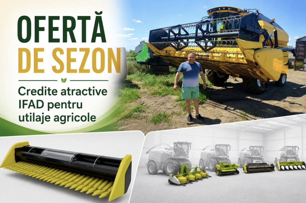Română: Ofertă de sezon pentru credite IFAD pentru utilaje agricole, cu un bărbat lângă o combină galbenă în câmp