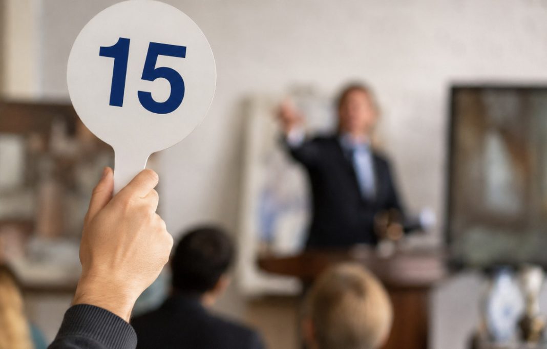 Hand holding up a white paddle with the number 15 at a conference, with a speaker at a podium in the background.