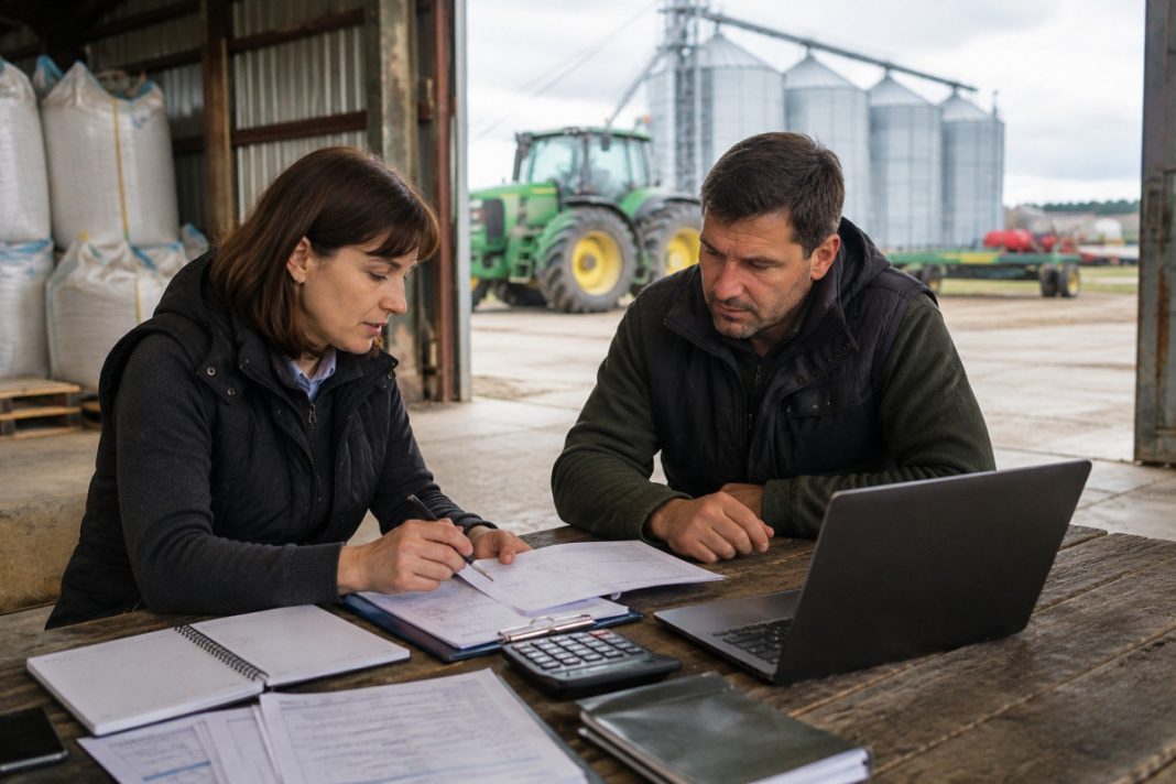 Two farmers discuss documents at a wooden table with a laptop and calculator, overlooking a farm yard with tractors and silos in the background.