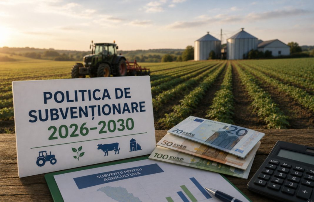 Sign about subsidy policy 2026–2030 set on a farm table with euro banknotes, a tractor in the fields, silos in the background, and a calculator nearby (illustrating agricultural funding).
