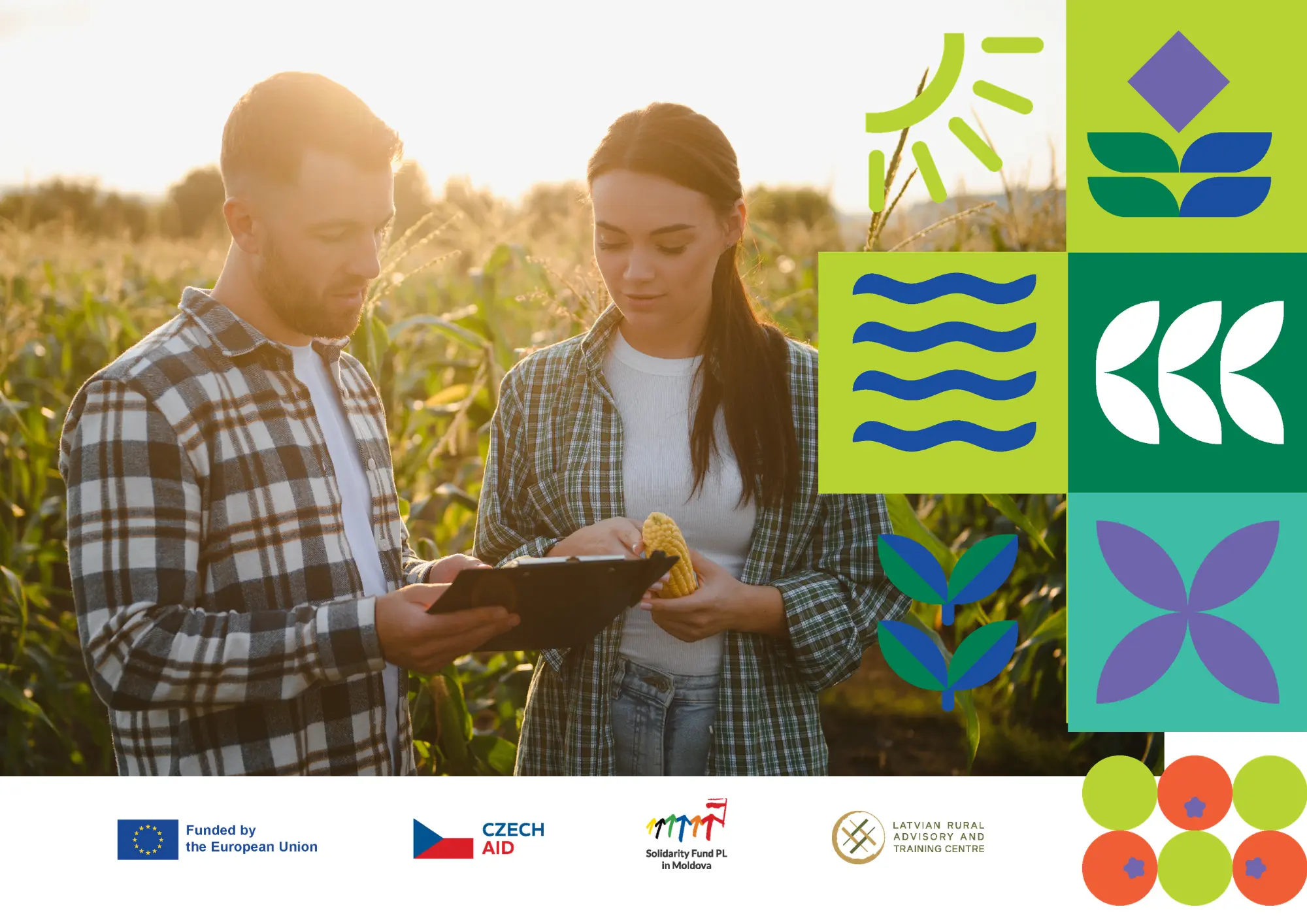 Two people in a sunlit cornfield view a tablet together, with a colorful logos collage on the right side of the image.