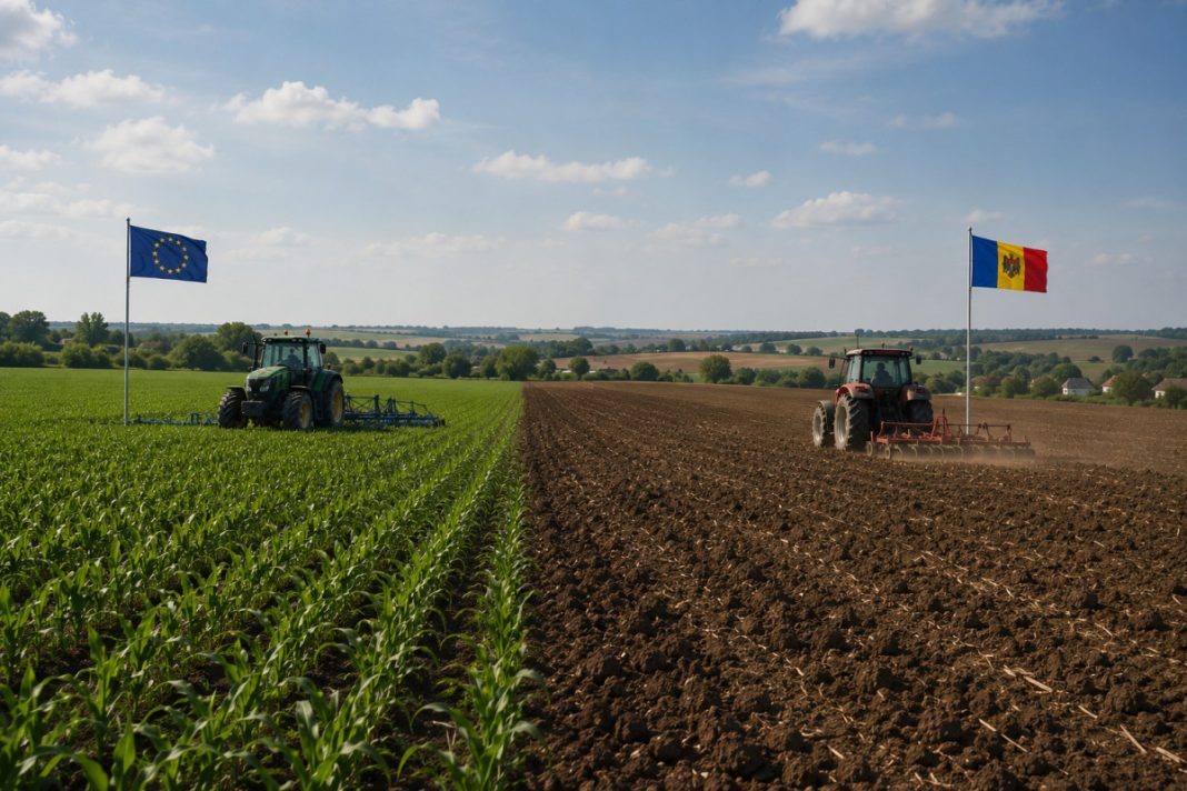 Two tractors plow opposite sides of a field, one sowing green crops, the other turning brown soil, under a blue sky with EU and Moldova flags