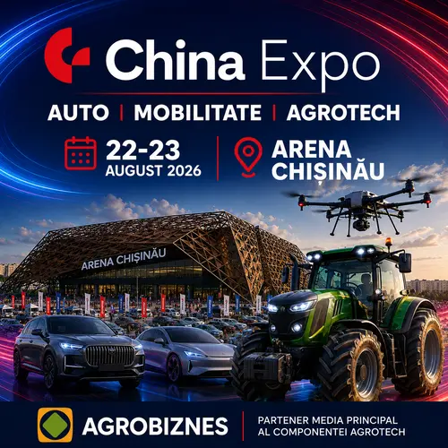 China Expo poster at Arena Chișinău featuring a green tractor, luxury cars, and a drone; dates August 22–23, 2026; themes Auto, Mobilitate, Agrotech; AGROBIZNES sponsor.